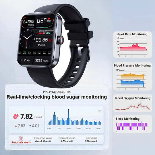 Smartwatch met Glucosemeting 1.91 Inch Touchscreen Zwart Roze | Gezondheidshorloge met Hartslagmeter GPS Slaapanalyse Waterdicht IP67 Sportmodi Notificaties 7 Dagen Accuduur