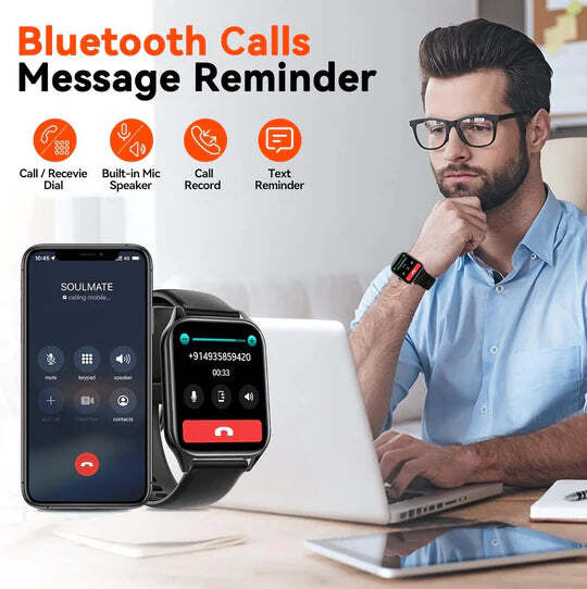 Smartwatch met Glucosemeting 1.91 Inch Touchscreen Zwart Roze | Gezondheidshorloge met Hartslagmeter GPS Slaapanalyse Waterdicht IP67 Sportmodi Notificaties 7 Dagen Accuduur