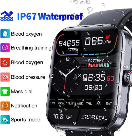 Smartwatch met Glucosemeting 1.91 Inch Touchscreen Zwart Roze | Gezondheidshorloge met Hartslagmeter GPS Slaapanalyse Waterdicht IP67 Sportmodi Notificaties 7 Dagen Accuduur