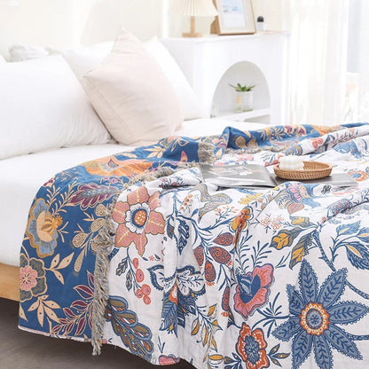 Jacquard Katoenen Plaid met Bloemenprint en Kwastjes – Zacht Reversibel Banklaken – Scandinavisch Geïnspireerde Woondeken
