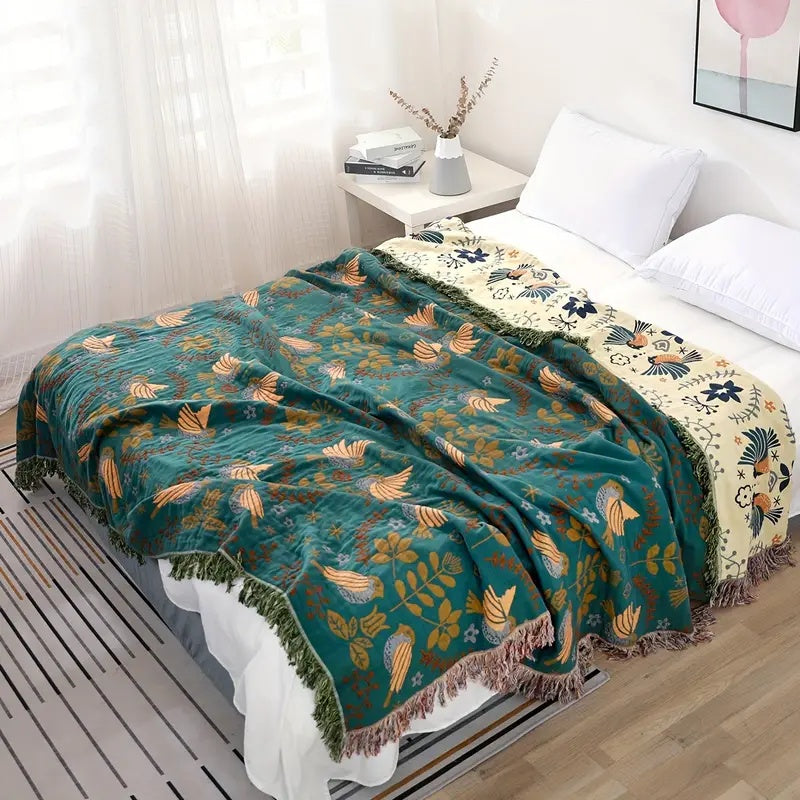 Wendbare Katoenen Plaid met Vogels en Bloemen – Botanisch Scandinavisch Design voor Bank en Bed