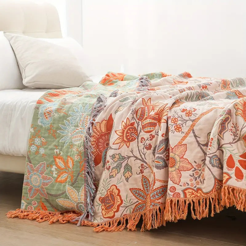 Katoenen Plaid met Boho Bloemenmotief – Oranje en Blauw op Crèmekleurige Ondergrond met Franjes – Decoratieve Sprei voor Bank en Bed