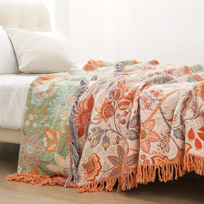 Katoenen Plaid met Boho Bloemenmotief – Oranje en Blauw op Crèmekleurige Ondergrond met Franjes – Decoratieve Sprei voor Bank en Bed
