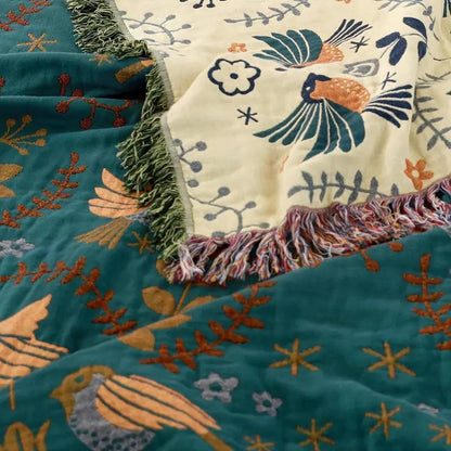 Wendbare Katoenen Plaid met Vogels en Bloemen – Botanisch Scandinavisch Design voor Bank en Bed