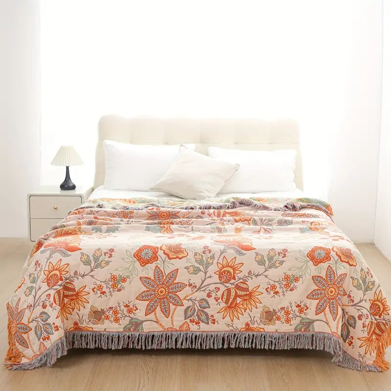 Katoenen Plaid met Boho Bloemenmotief – Oranje en Blauw op Crèmekleurige Ondergrond met Franjes – Decoratieve Sprei voor Bank en Bed
