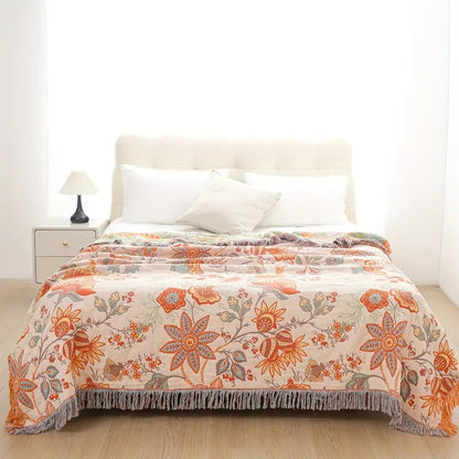Katoenen Plaid met Boho Bloemenmotief – Oranje en Blauw op Crèmekleurige Ondergrond met Franjes – Decoratieve Sprei voor Bank en Bed