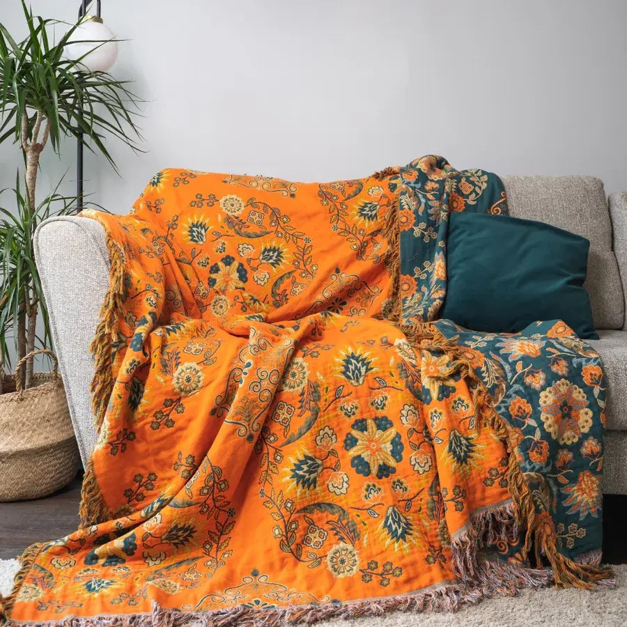 Omkeerbare Katoenen Plaid Marigold – Zachte Deken met Bloemenpatroon Oranje Turquoise – Vintage Landelijke Stijl voor Bank Picknick Bed