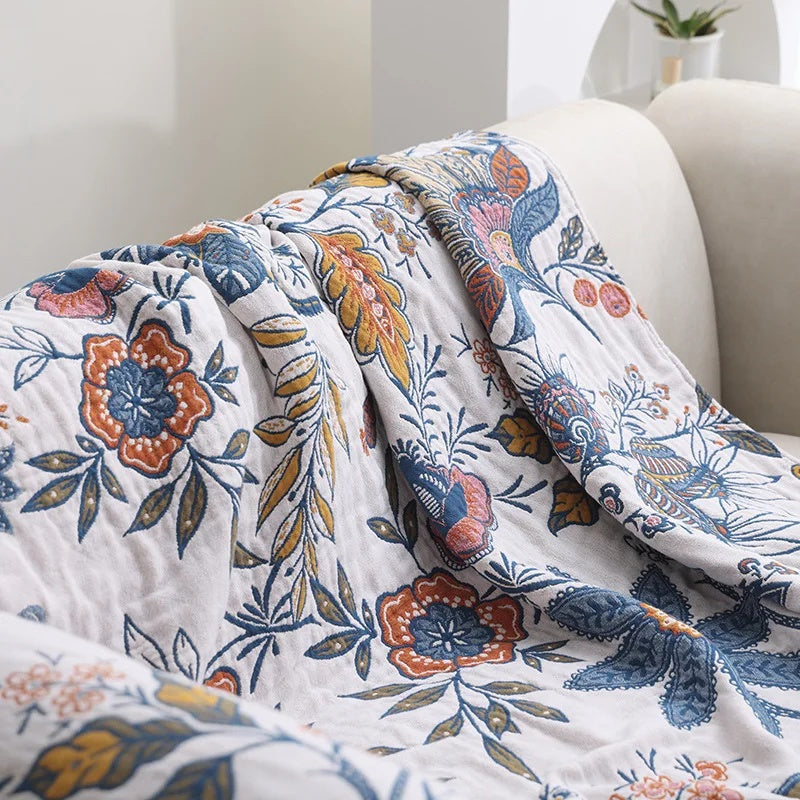 Jacquard Katoenen Plaid met Bloemenprint en Kwastjes – Zacht Reversibel Banklaken – Scandinavisch Geïnspireerde Woondeken