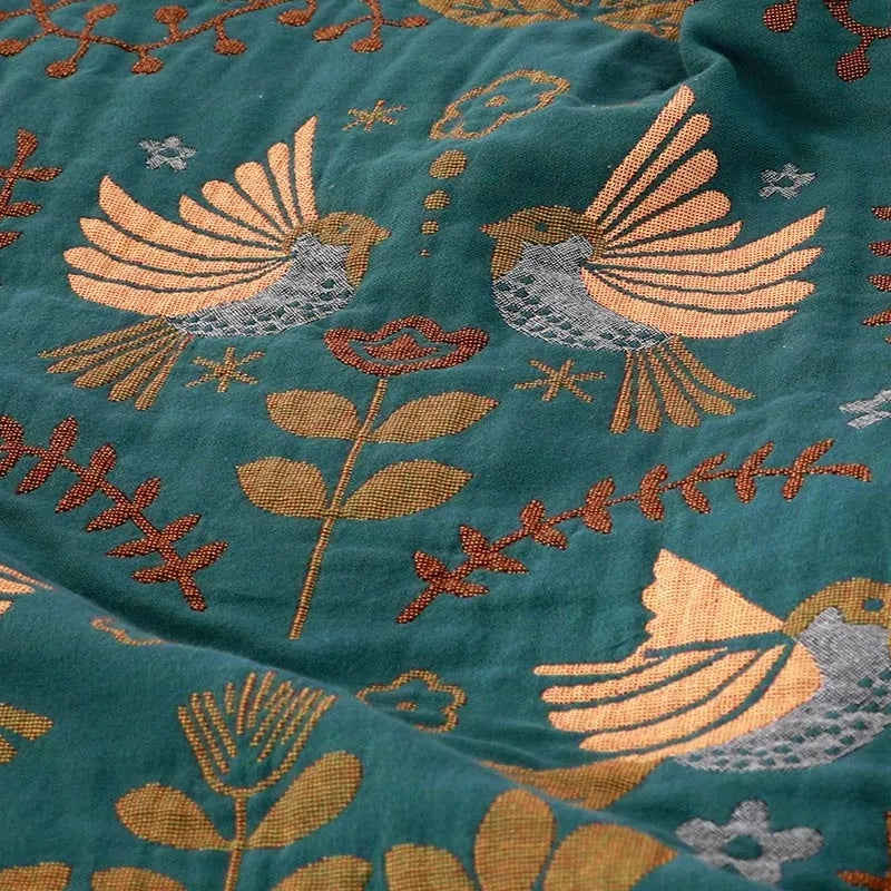 Wendbare Katoenen Plaid met Vogels en Bloemen – Botanisch Scandinavisch Design voor Bank en Bed