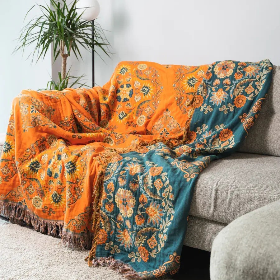 Omkeerbare Katoenen Plaid Marigold – Zachte Deken met Bloemenpatroon Oranje Turquoise – Vintage Landelijke Stijl voor Bank Picknick Bed