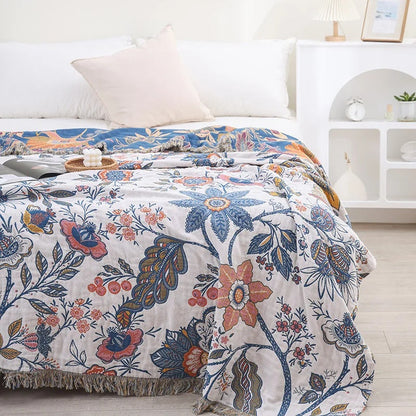 Jacquard Katoenen Plaid met Bloemenprint en Kwastjes – Zacht Reversibel Banklaken – Scandinavisch Geïnspireerde Woondeken