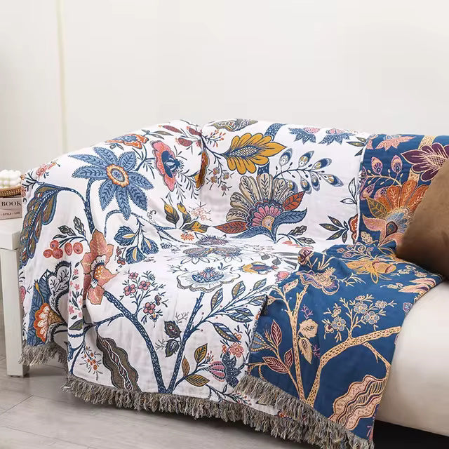 Jacquard Katoenen Plaid met Bloemenprint en Kwastjes – Zacht Reversibel Banklaken – Scandinavisch Geïnspireerde Woondeken