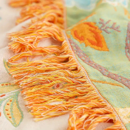 Katoenen Plaid met Boho Bloemenmotief – Oranje en Blauw op Crèmekleurige Ondergrond met Franjes – Decoratieve Sprei voor Bank en Bed