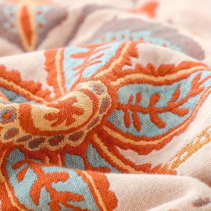 Katoenen Plaid met Boho Bloemenmotief – Oranje en Blauw op Crèmekleurige Ondergrond met Franjes – Decoratieve Sprei voor Bank en Bed