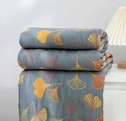 Ginkgo Bladeren Plaid – Omkeerbaar Gewatteerd Decoratiedeken met Botanisch Bladerprint in Geel en Blauw voor Bank, Bed of Picknick