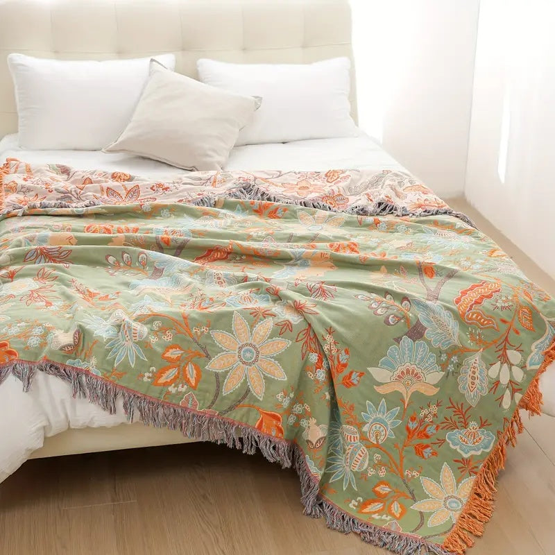 Katoenen Plaid met Boho Bloemenmotief – Oranje en Blauw op Crèmekleurige Ondergrond met Franjes – Decoratieve Sprei voor Bank en Bed