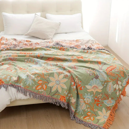 Katoenen Plaid met Boho Bloemenmotief – Oranje en Blauw op Crèmekleurige Ondergrond met Franjes – Decoratieve Sprei voor Bank en Bed