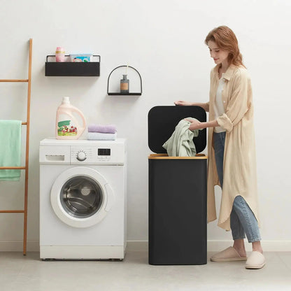 Opvouwbare Wasmand met Deksel 100L Bamboe Handvatten Beige Grijs Zwart Polyester Grote Capaciteit Wasbox