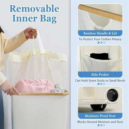 Opvouwbare Wasmand met Deksel 100L Bamboe Handvatten Beige Grijs Zwart Polyester Grote Capaciteit Wasbox