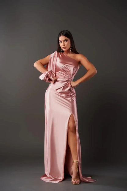 Elegant One-Shoulder Maxi Bruiloftsgast Jurk met Split