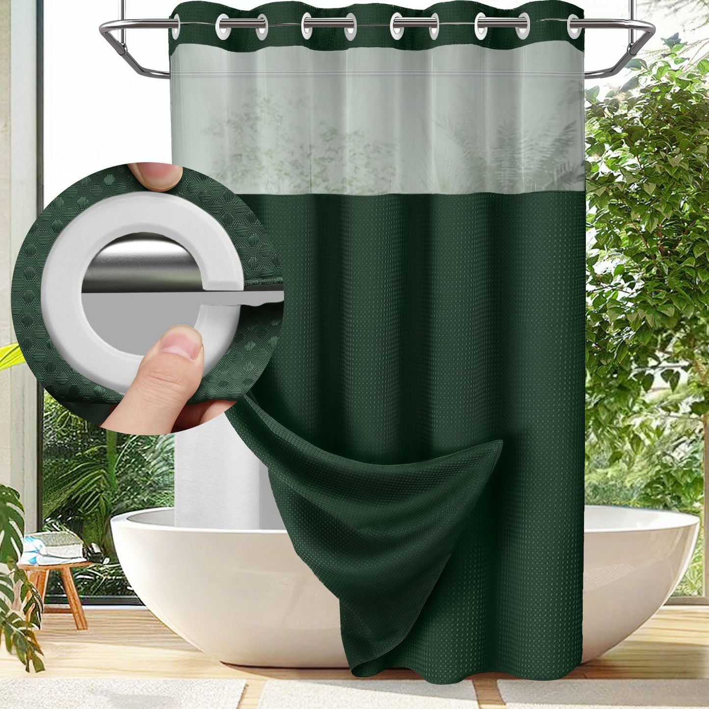 Douchegordijn zonder Ringen met Ingebouwde Liner – Wafeldoek voor Badkamer