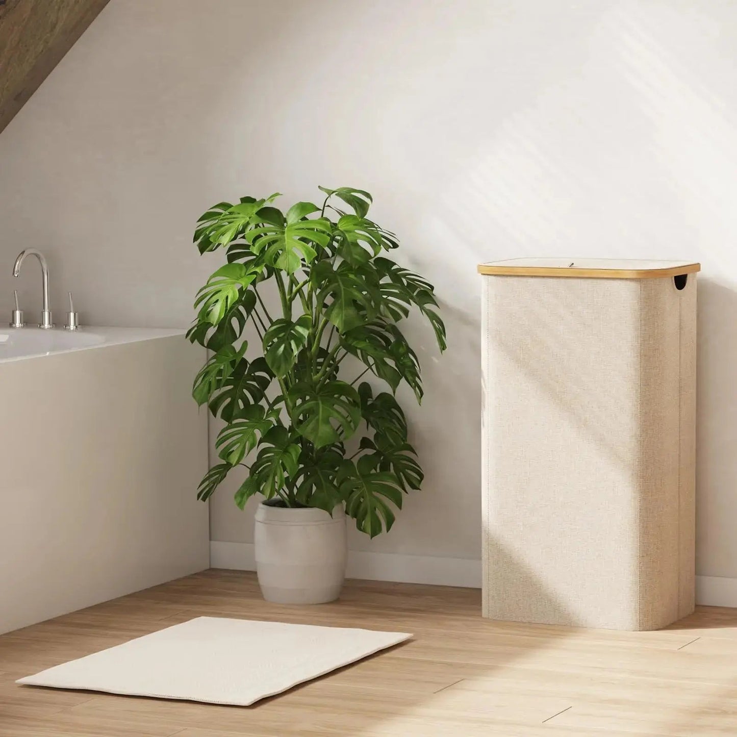Opvouwbare Wasmand met Deksel 100L Bamboe Handvatten Beige Grijs Zwart Polyester Grote Capaciteit Wasbox