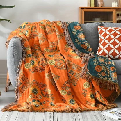Omkeerbare Katoenen Plaid Marigold – Zachte Deken met Bloemenpatroon Oranje Turquoise – Vintage Landelijke Stijl voor Bank Picknick Bed