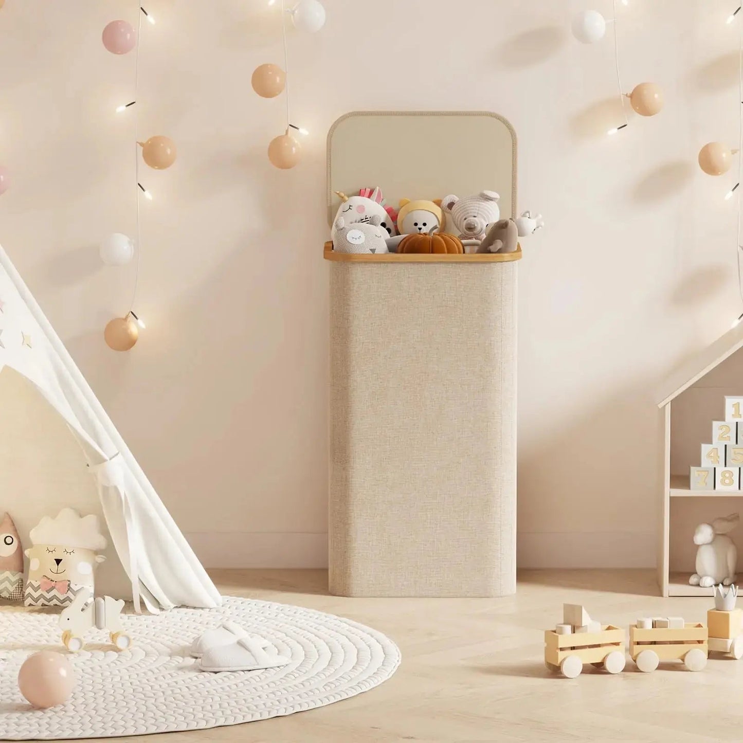 Opvouwbare Wasmand met Deksel 100L Bamboe Handvatten Beige Grijs Zwart Polyester Grote Capaciteit Wasbox