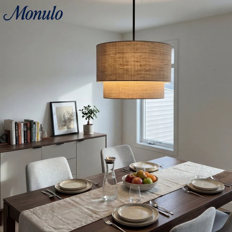 Dubbele Stoffen Drum Hanglamp – Moderne Gelaagde Kap Plafondlamp voor Eetkamer Woonkamer