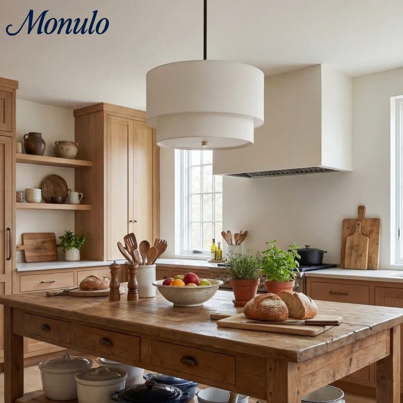 Dubbele Stoffen Drum Hanglamp – Moderne Gelaagde Kap Plafondlamp voor Eetkamer Woonkamer