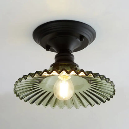 Industriële Plafondarmatuur met Geribbeld Glas – Groen/Helder Retro Fitting E26/E27