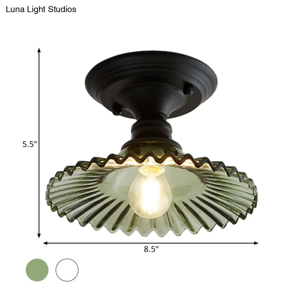 Industriële Plafondarmatuur met Geribbeld Glas – Groen/Helder Retro Fitting E26/E27