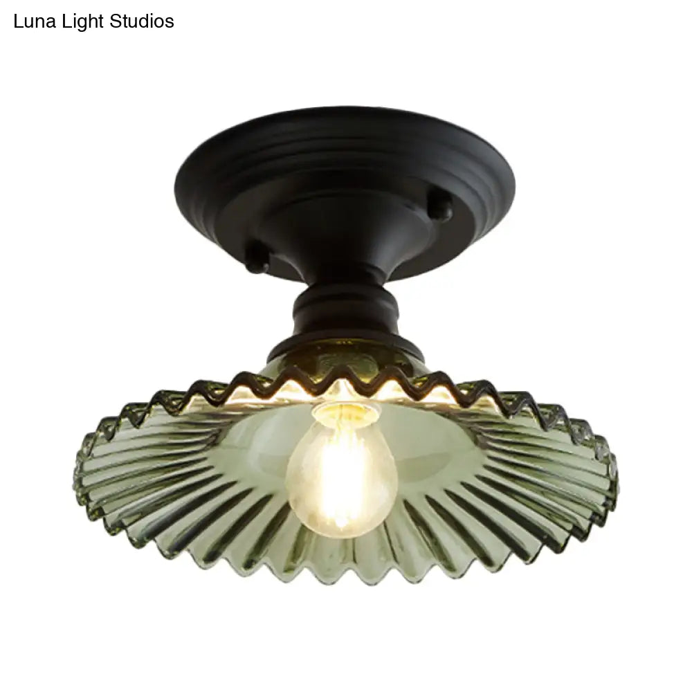Industriële Plafondarmatuur met Geribbeld Glas – Groen/Helder Retro Fitting E26/E27