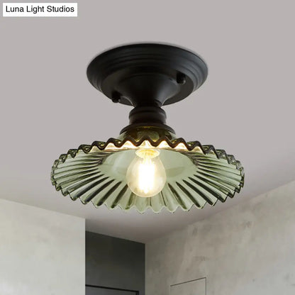 Industriële Plafondarmatuur met Geribbeld Glas – Groen/Helder Retro Fitting E26/E27