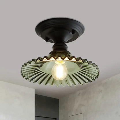 Industriële Plafondarmatuur met Geribbeld Glas – Groen/Helder Retro Fitting E26/E27