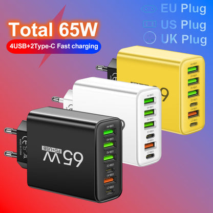 Universele USB Oplader 65W 6 Poorten Zwart Wit Geel Multidevice voor Kantoor Thuis Reis