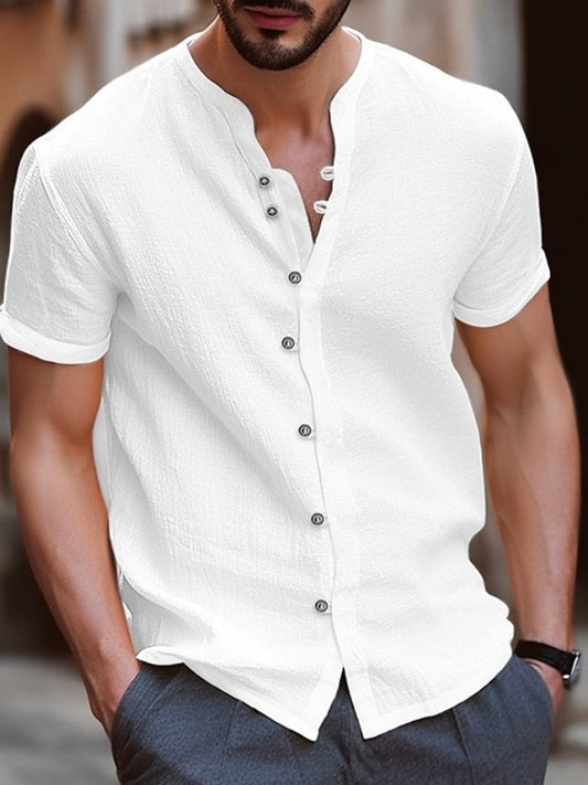 Linnen Overhemd Heren Klassiek Mock Neck Casual Stijl - StudioMarella