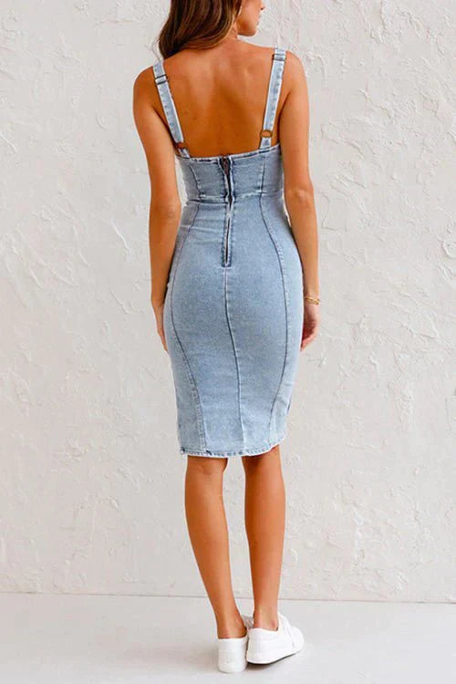 Blauwe Denim Jurk met Verstelbare Schouderbandjes