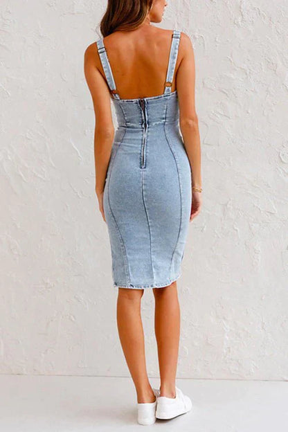 Blauwe Denim Jurk met Verstelbare Schouderbandjes