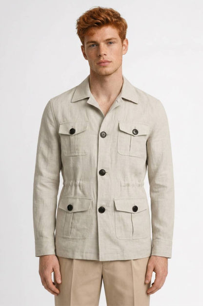 Jas Heren - Safari Stijl met Meerdere Zakken | Knoopsluiting - Beige