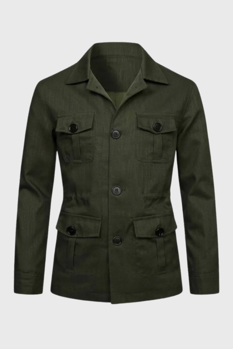 Jas Heren - Safari Stijl met Meerdere Zakken | Knoopsluiting - Olijfgroen