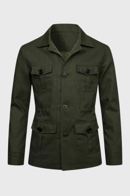 Jas Heren - Safari Stijl met Meerdere Zakken | Knoopsluiting - Olijfgroen