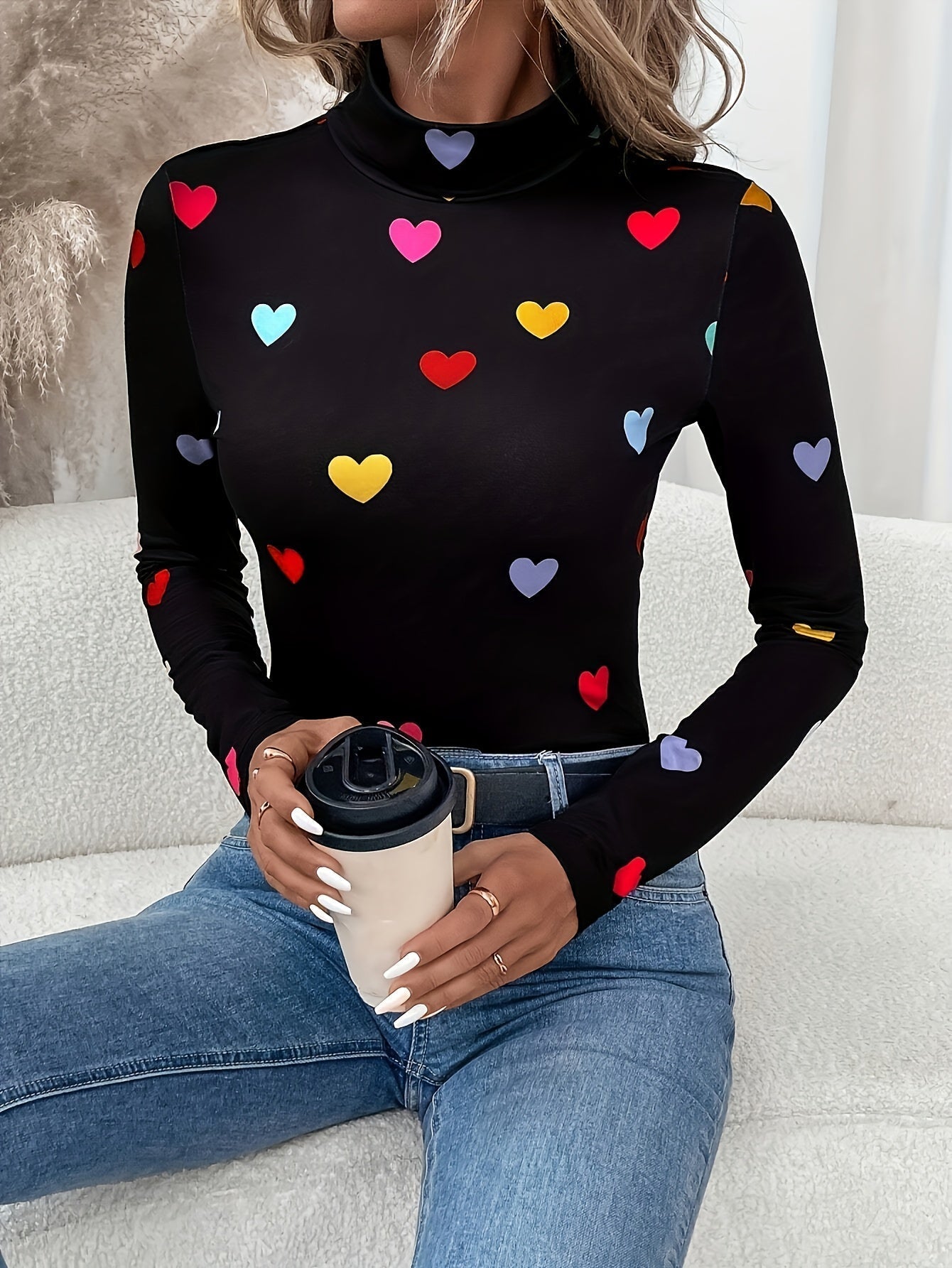 Dames T-shirt Lange Mouw Valentijnsdag Hartjes Print - StudioMarella