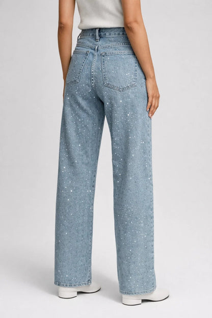 Dames Jeans Wide Leg Hoge Taille met Strass Steentjes