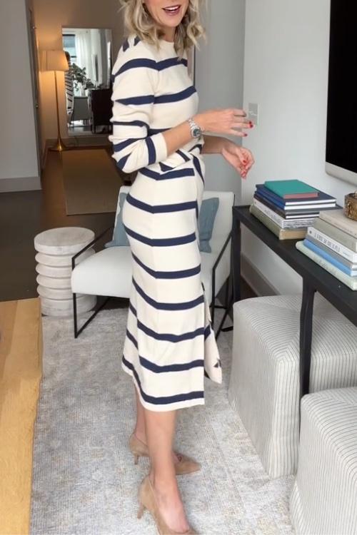 Midi Jurk voor Vrouw Gestreept Zomerjurk Elegante Look