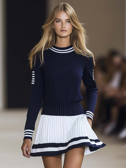 Dames Sportieve Jurk Marineblauw Wit Ronde Hals