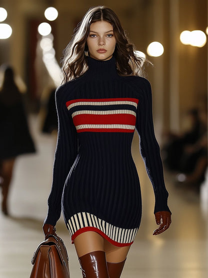 Dames Jurk Gebreid Rood Wit Streep Patroon Retro Stijl