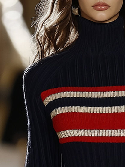 Dames Jurk Rood Wit Gestreept Gebreid Retro Stijl