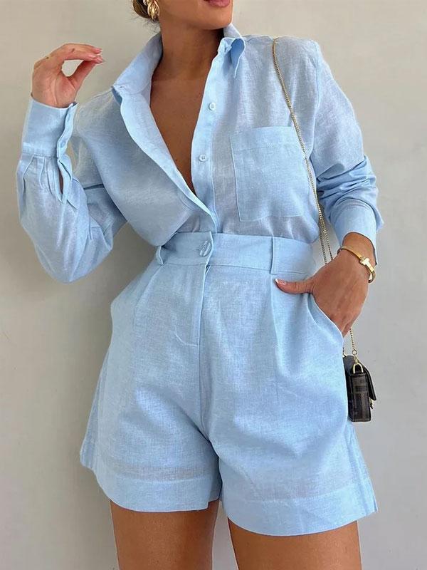 Linnen Korte Set Blauw Chic Zomeroutfit - StudioMarella