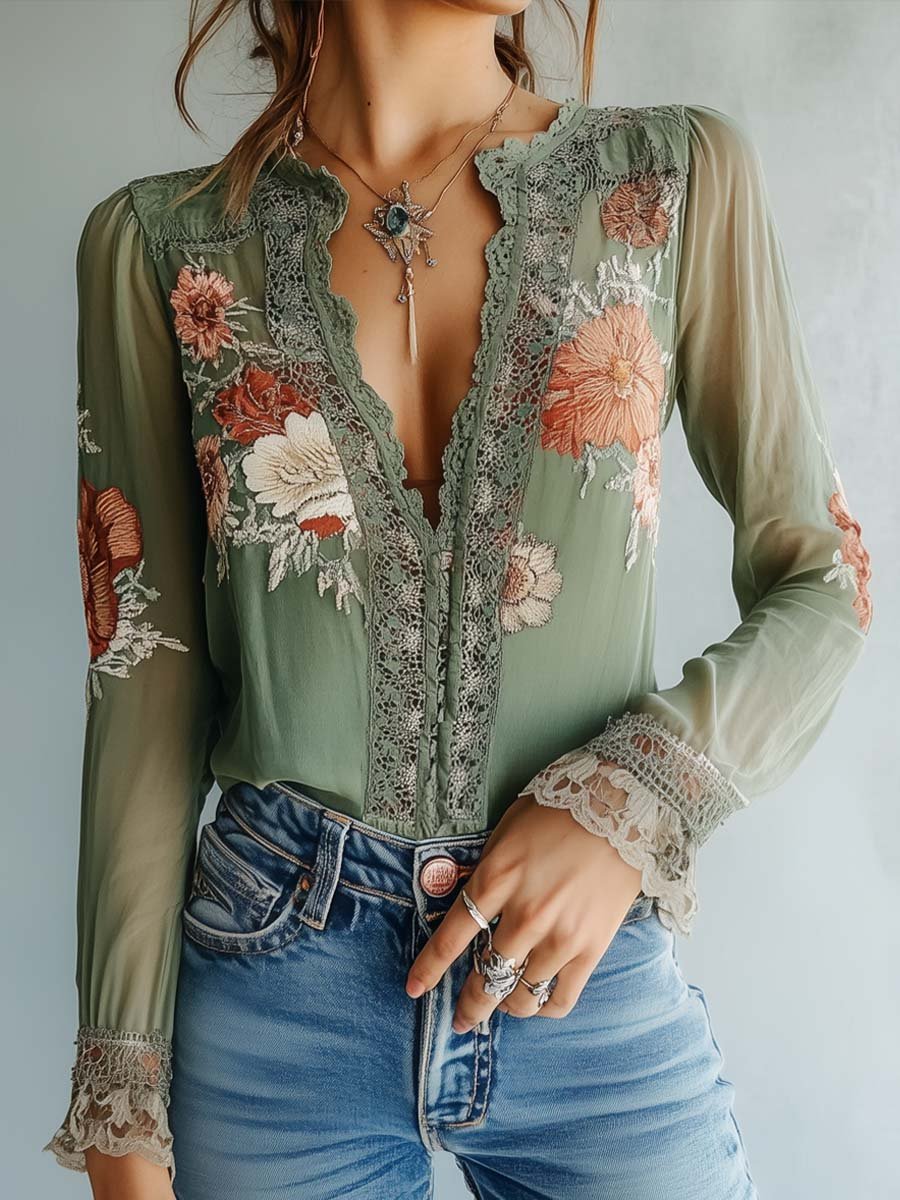 Vrouwen Blouse met Bloemen en Kant Lichtgewicht Elegant - StudioMarella